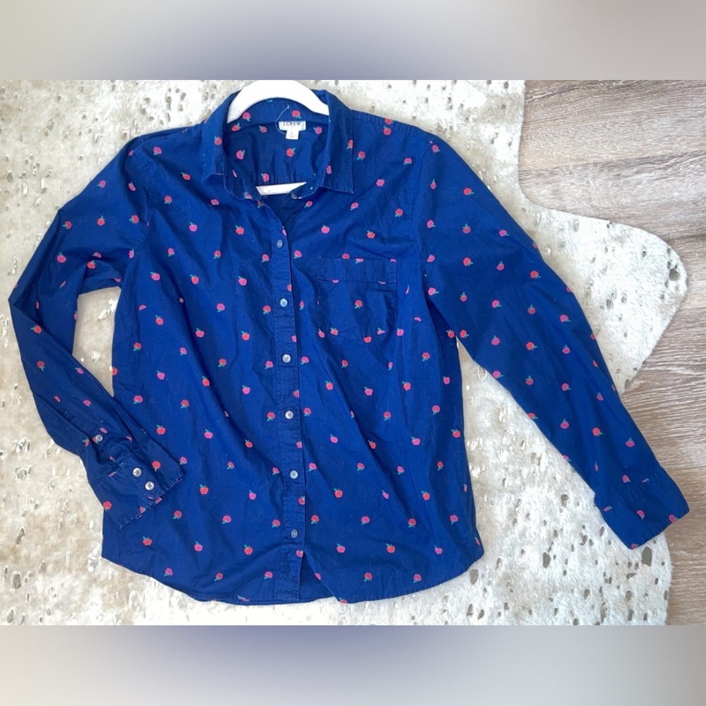J. Crew Navy Poplin Shirt with Apple Print L - Picture 3 of 8